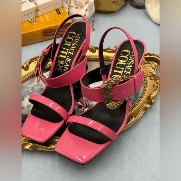 🆕 VERSACE JEANS COUTURE 🧿 NWOB Pink Buckle-Fastening Heeled Sandals Sz 37 US 7 - Picture 13 of 13